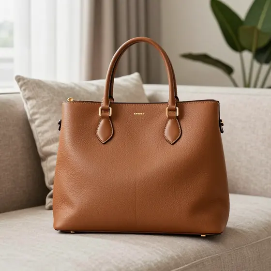 Bolso de cuero marrón en un sofá antes de quitar el fondo