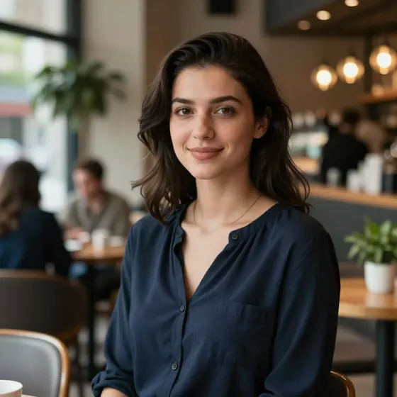 Retrato de una mujer en una cafetería antes de quitar el fondo
