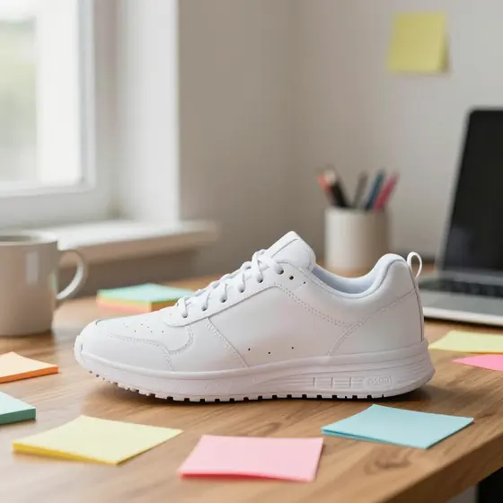 Zapatilla blanca en un escritorio desordenado antes de quitar el fondo